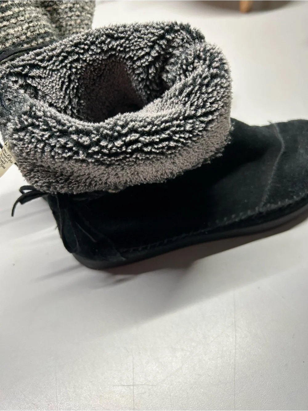 Toms Black Suede Ankle Boots with Gray Knit Cuff